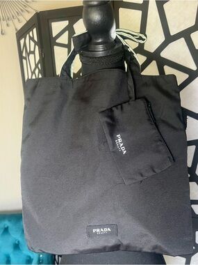 Prada Beauty REVERSIBLE Black & Mint Green Canvas Tote with Pouch